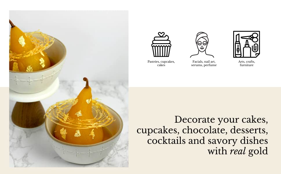 decorate your cakes, cupcakes, chocolate, desserts, cocktails and savory dishes with real gold