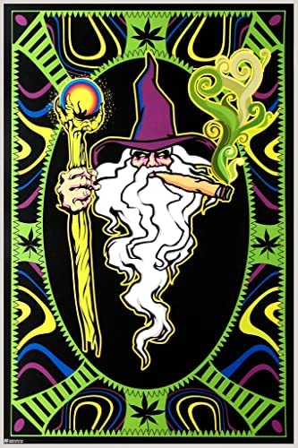 Wizard Smoking Joint Marijuana Pot Leaf Weed 420 Retro Vintage Aesthetic Room Stoner Room Decor Cool Psychedelic Trippy Hippie Decor UV Light Reactive Black Light Eco Blacklight Poster for Room 12x18